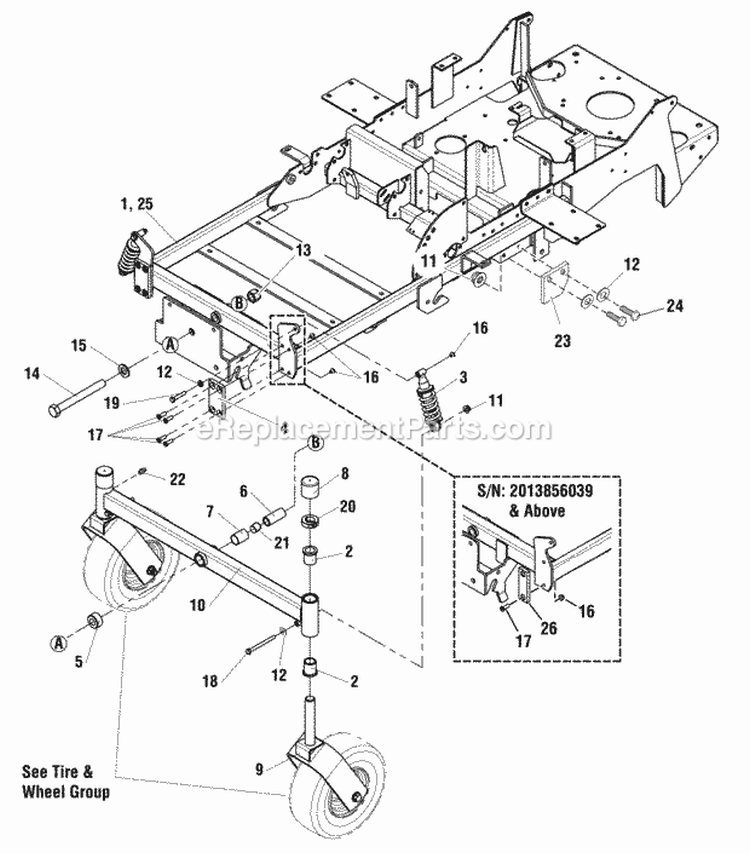 Main Frame  Front Suspension Group Diagram and Parts List for 5900774  Simplicity Lawn Tractor
