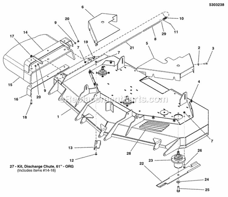 61 Mower Deck - Housing Covers Spindles  Blades (5303238) Diagram and Parts List for 5901227  Simplicity Lawn Tractor