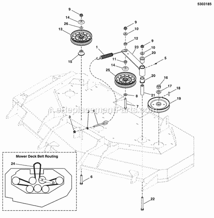 61 Mower Deck - Pulleys Belt  Idler Arm (5303185) Diagram and Parts List for 5901227  Simplicity Lawn Tractor