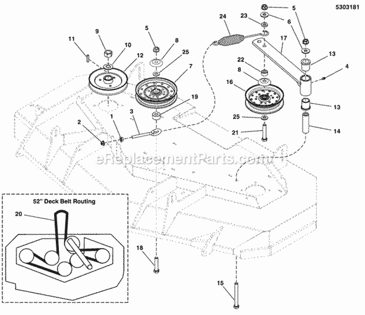 52 Mower Deck - Pulleys Belt  Idler Arm (5303181) Diagram and Parts List for 5901229  Simplicity Lawn Tractor