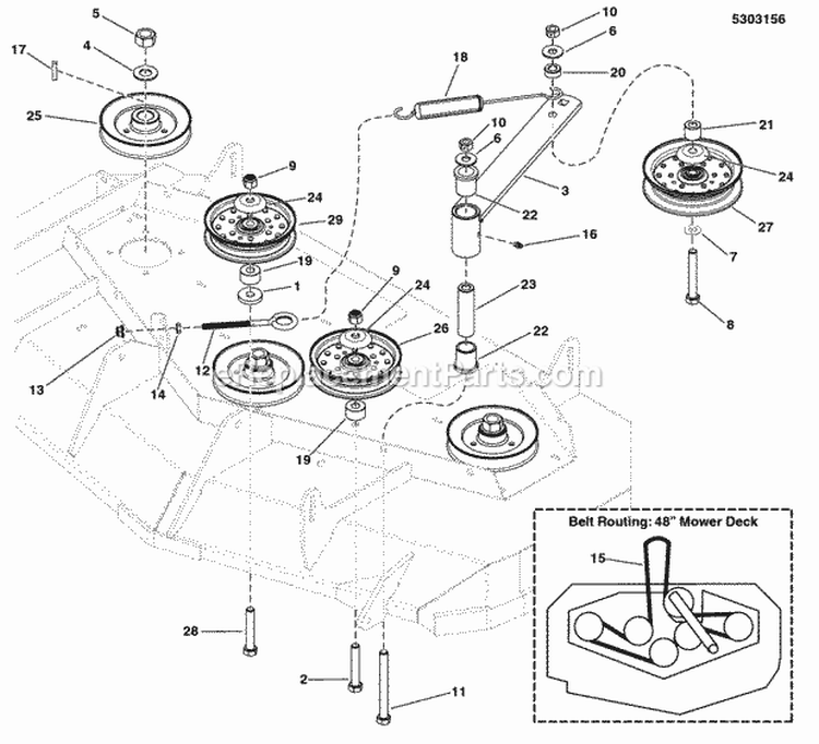 48 Mower Deck - Pulleys Belt  Idler Arm (5303156) Diagram and Parts List for 5901230  Simplicity Lawn Tractor