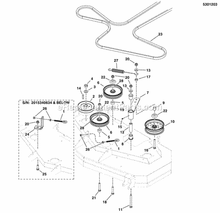 48 Mower Deck - Pulleys Belt  Idler Arm (5301203) Diagram and Parts List for 5900529  Simplicity Lawn Tractor