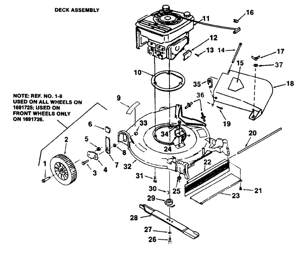 Engine And Mower Deck Group Diagram and Parts List for 1520PP 1691726 Simplicity Lawn Mower