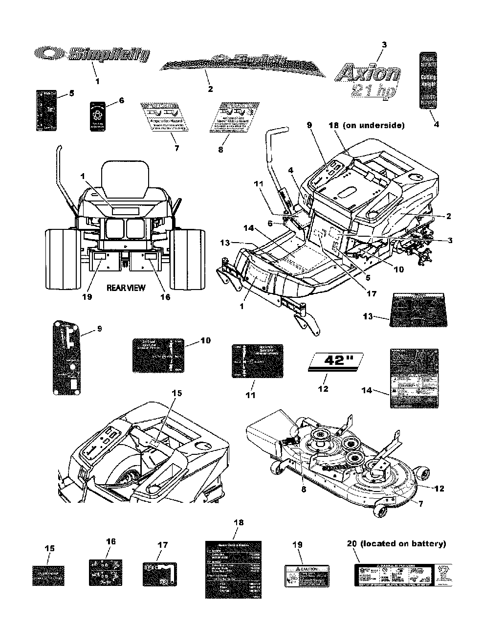 Decal Group Diagram and Parts List for ZT2142 7800612 Simplicity Lawn Tractor