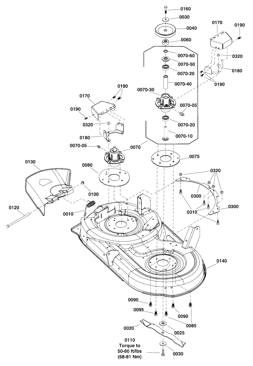 42-Inch Mower Deck - Housing, Arbors And Blade Group Diagram and Parts List for SZT110 2691692-01 Simplicity Lawn Tractor