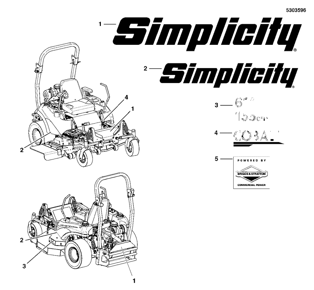 Decal Group - Brand And Model Diagram and Parts List for 5901748  Simplicity Lawn Tractor