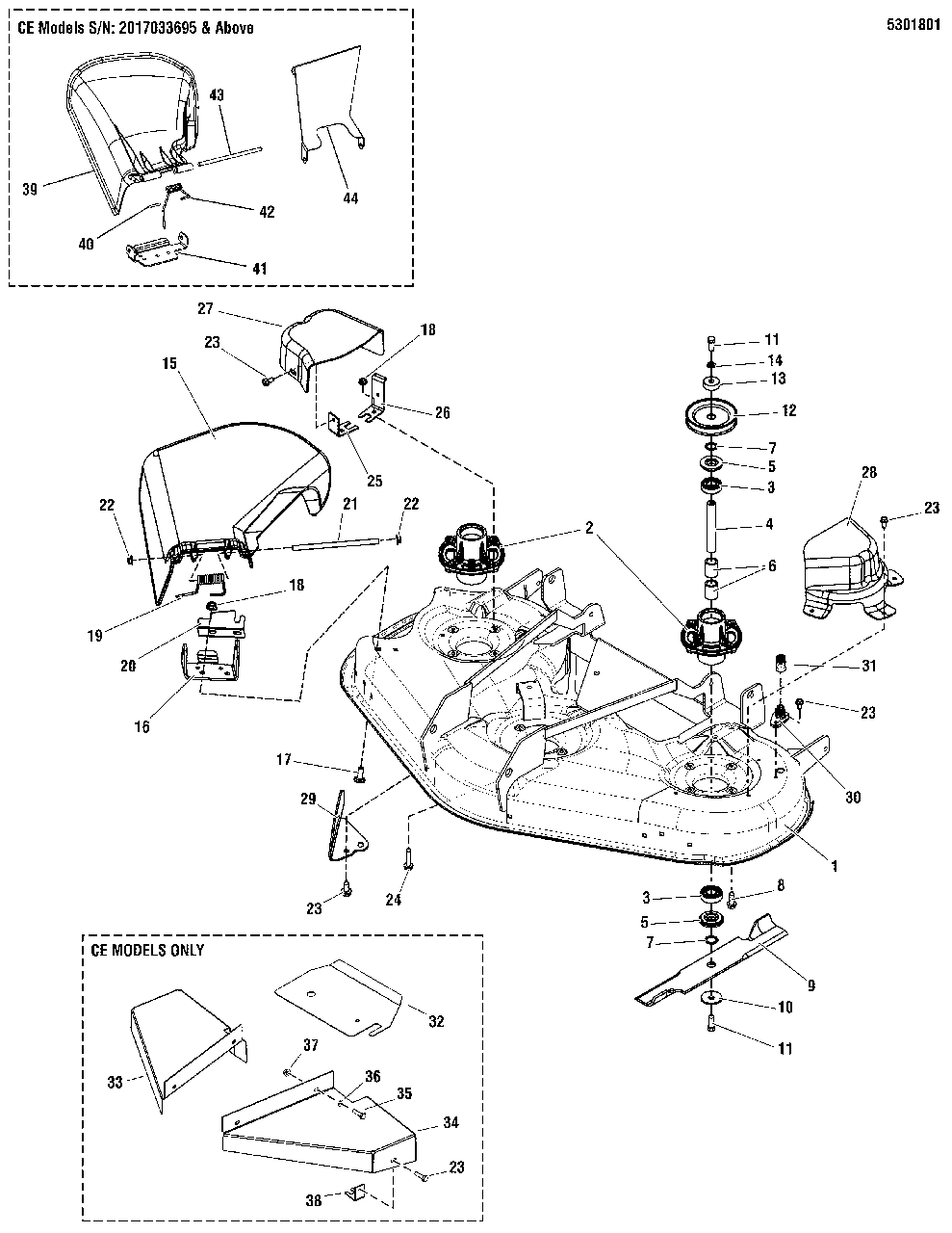 52-Inch Mower Deck - Housing, Covers, Spindles And Blades Group Diagram and Parts List for 2752 5900947 Simplicity Lawn Tractor
