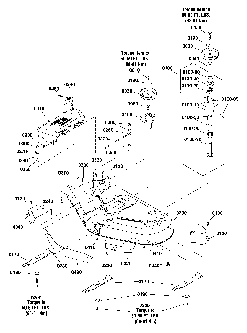 44-Inch (112cm) Mower Deck - Housing, Arbors And Blades Group Diagram and Parts List for 2691668-02  Simplicity Lawn Tractor