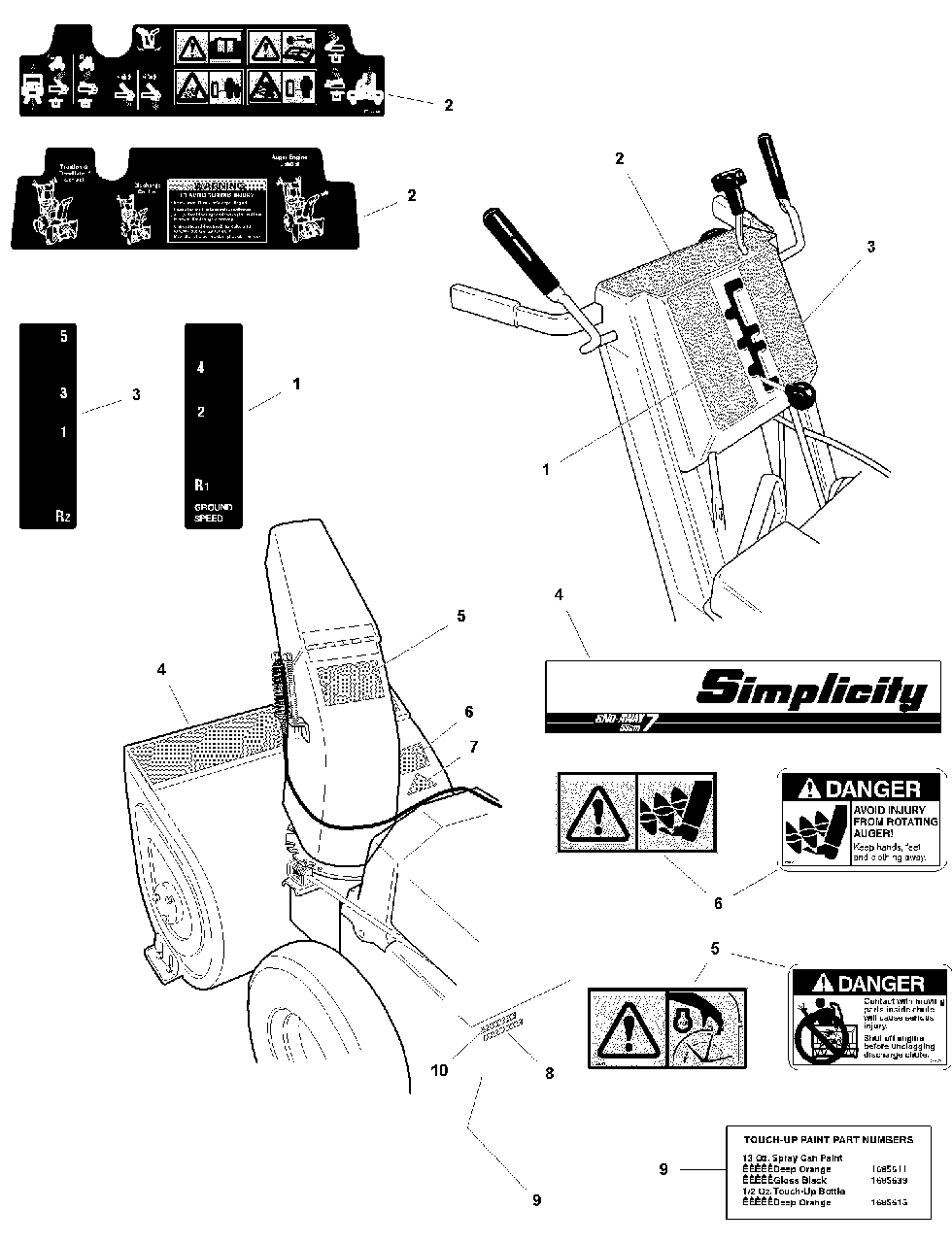 Decals Group - 860dlx, 970, 1180 Diagram and Parts List for 1180E 1694244 Simplicity Snow Blower