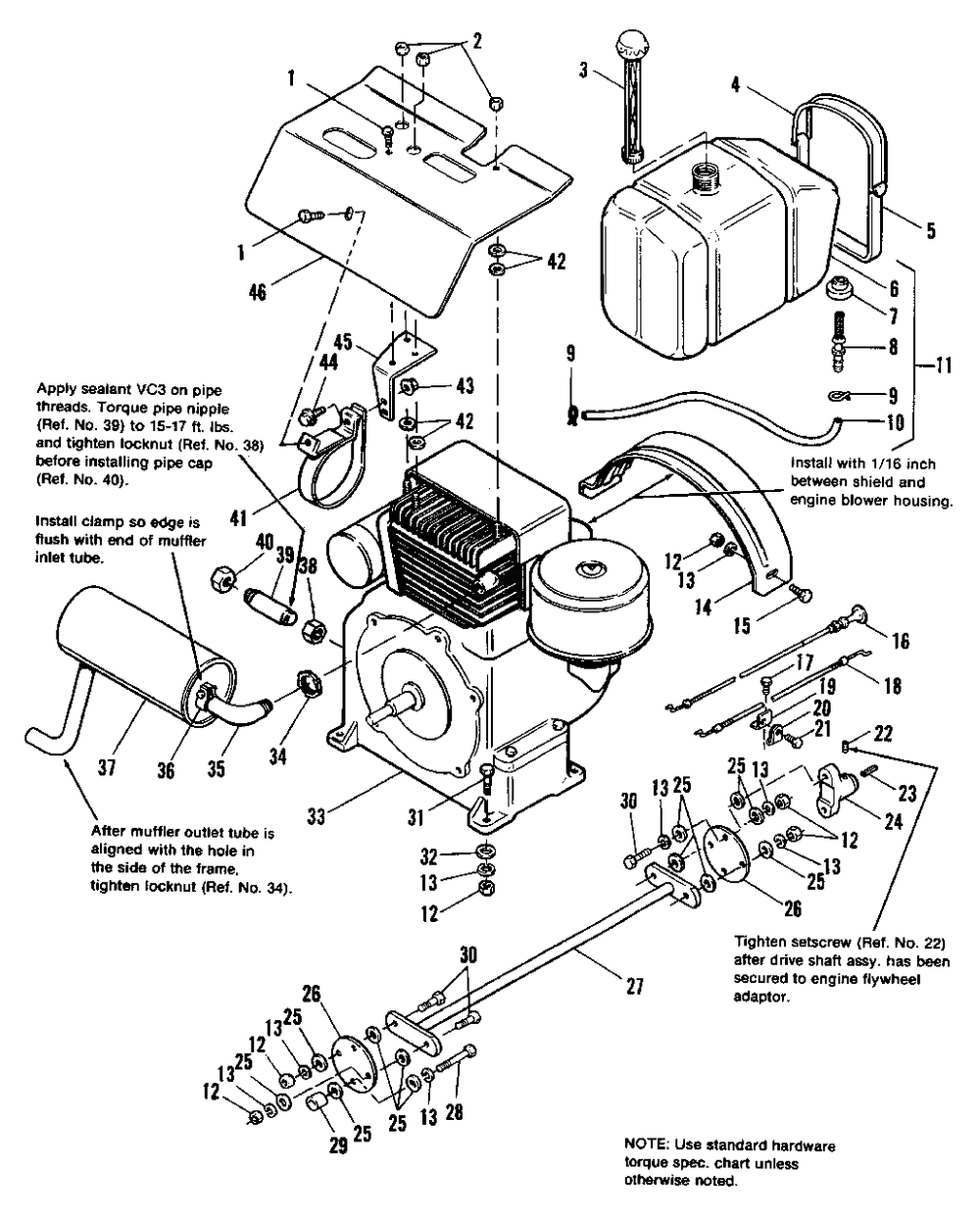 Engine, Exhaust And Drive Shaft Group - 7116 Early Models Diagram and Parts List for 7116H 1690578 Simplicity Lawn Tractor