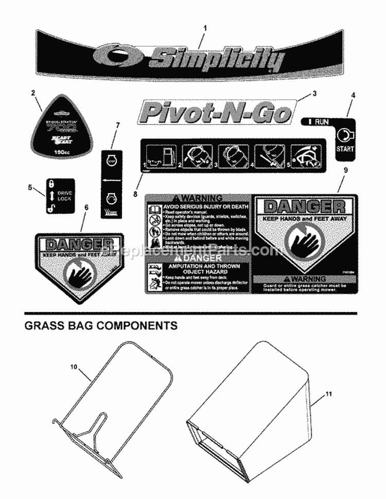 Decals  Bag Assembly Diagram and Parts List for 7800547  Simplicity Lawn Mower