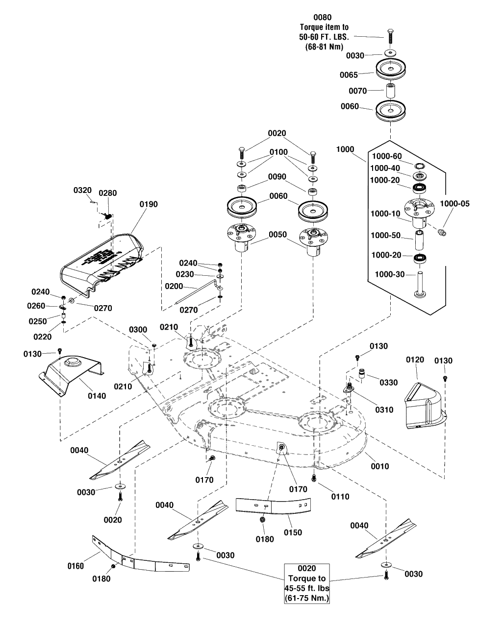50-Inch (127cm) Mower Deck - Housing, Arbors And Blades Group Diagram and Parts List for 2691338-03  Simplicity Lawn Tractor