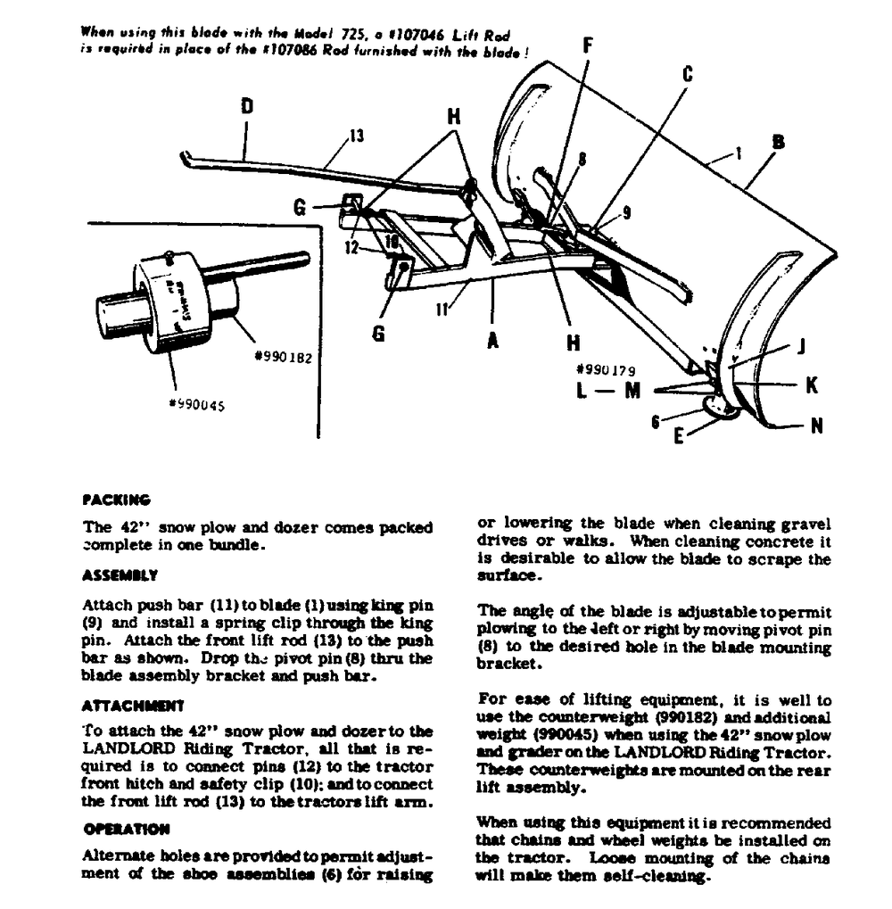 42-Inch Snow Plow And Dozer Diagram and Parts List for 3212V 990571 Simplicity Lawn Tractor