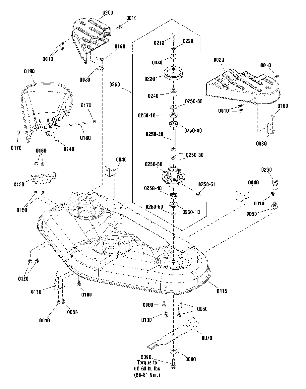 46-Inch Mower Deck - Housing, Arbor And Blade Group Diagram and Parts List for ZT21546 2691140-00 Simplicity Lawn Tractor