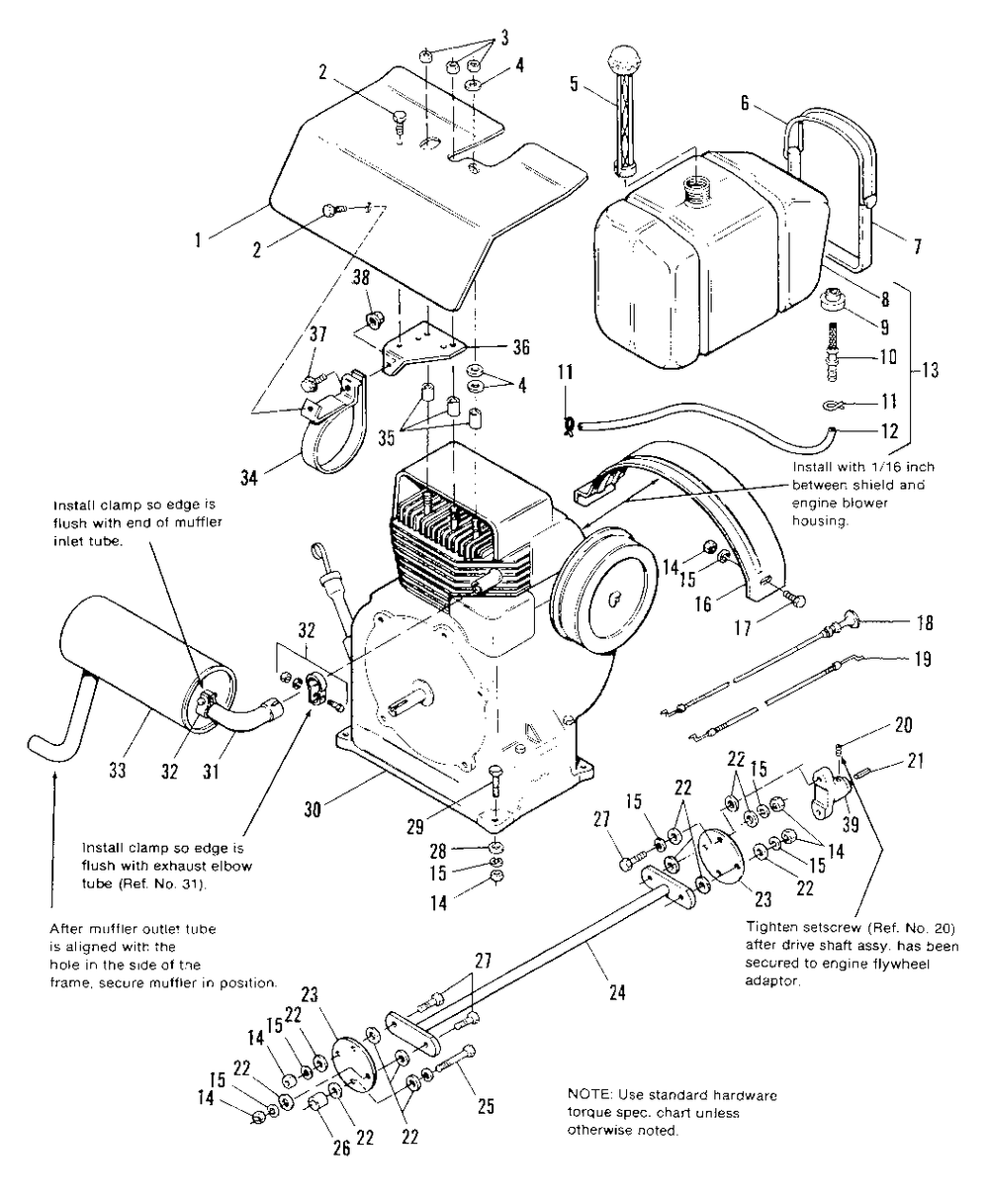 Engine, Exhaust And Drive Shaft Group - 7112 Early Models Diagram and Parts List for 7112 1690473 Simplicity Lawn Tractor