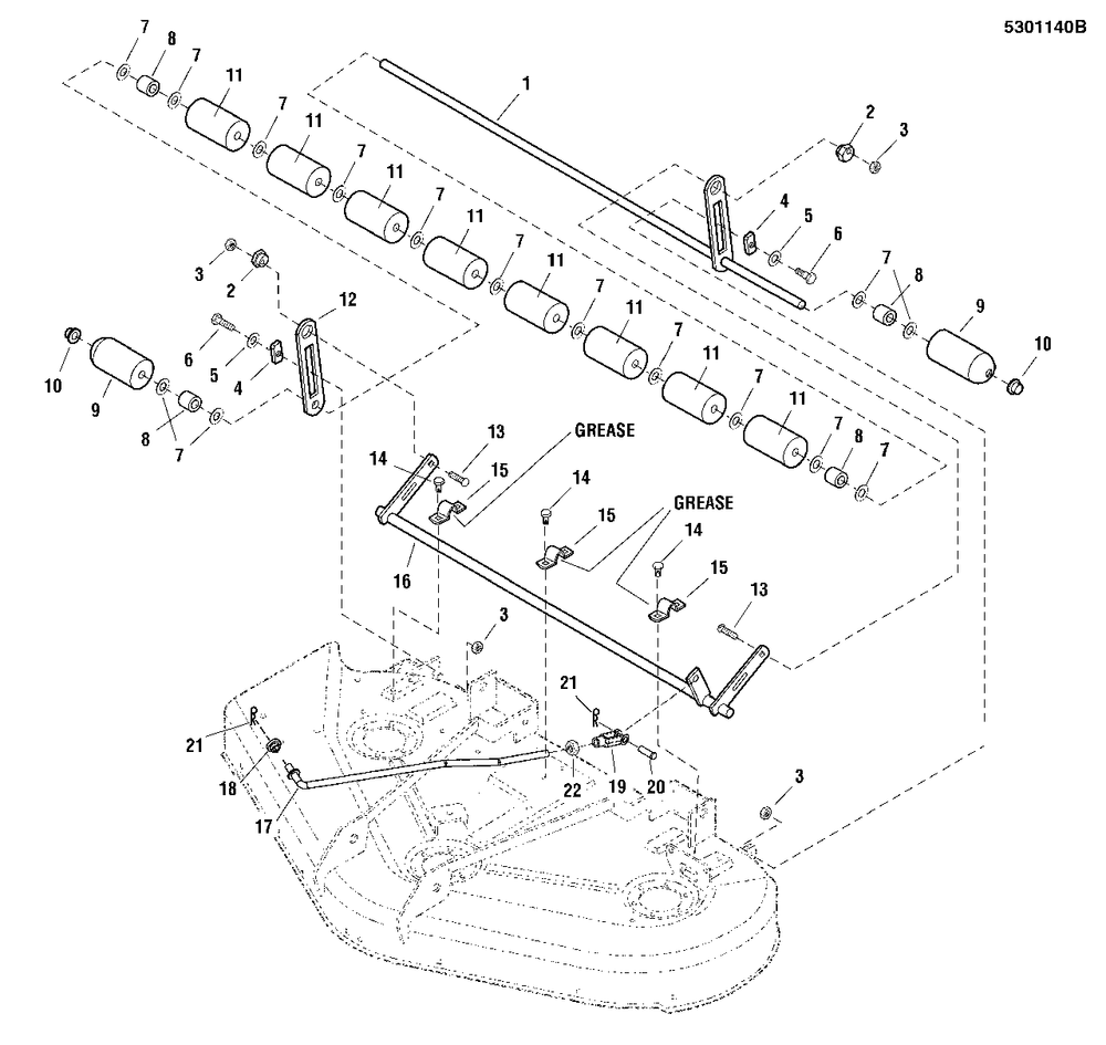 50-Inch Mower Deck - Rear Roller And Linkage Diagram and Parts List for 2650 5900705 Simplicity Lawn Tractor