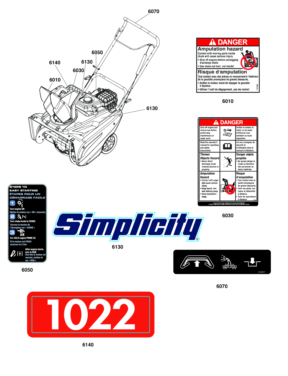 Decals Group Diagram and Parts List for 1022 1697143-01 Simplicity Snow Blower