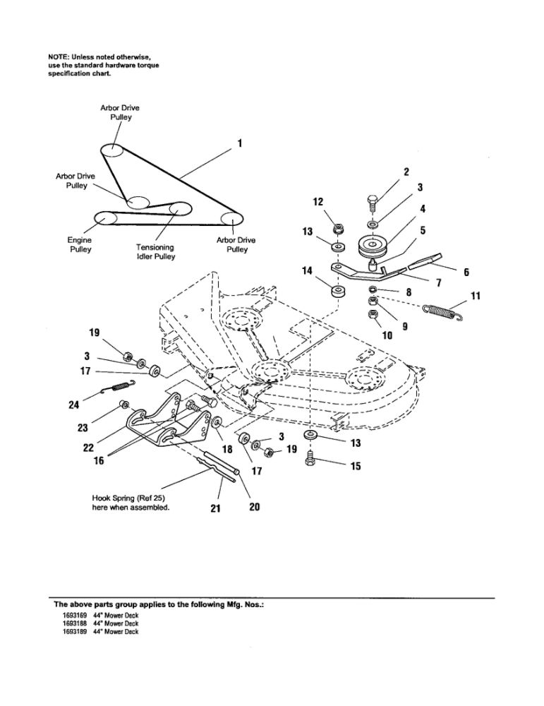Belt/Idler Arm/Hitch Diagram and Parts List for 1693169  Simplicity Lawn Tractor Accessories