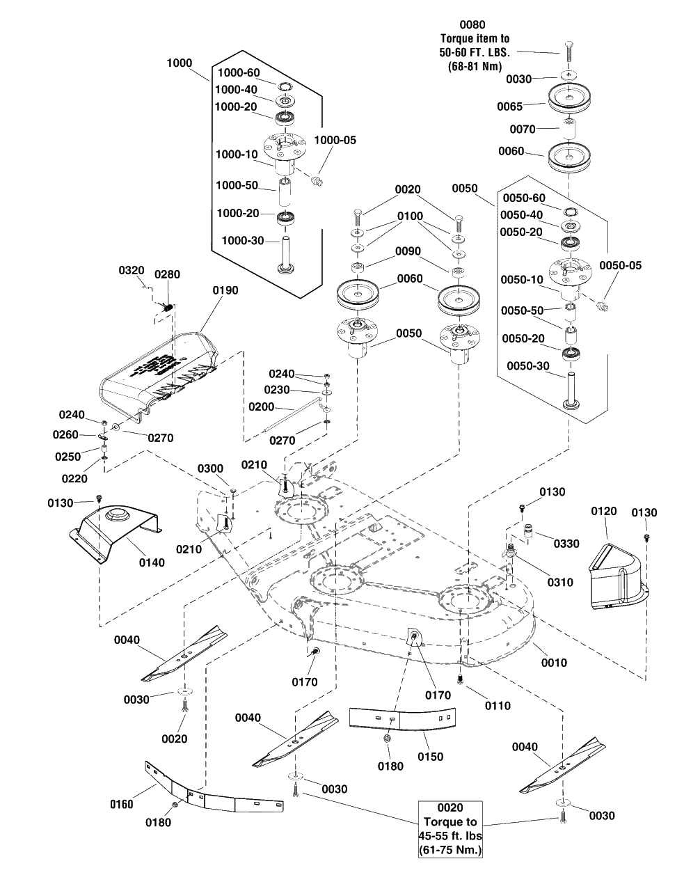 50-Inch (127cm) Mower Deck - Housing, Arbors And Blades Group Diagram and Parts List for 2691419-01  Simplicity Lawn Tractor