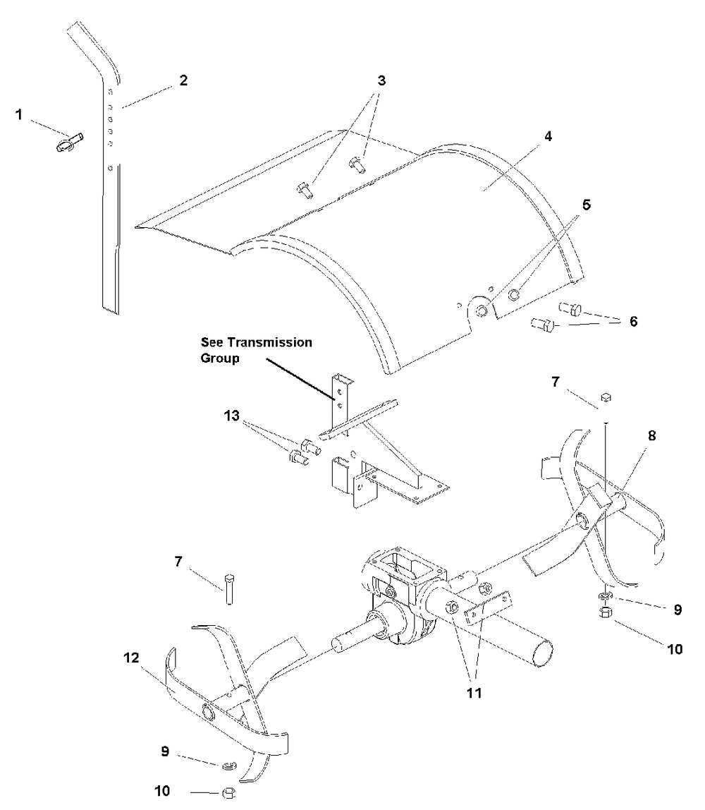 Hood, Drag Stake And Tine Group Diagram and Parts List for 6016RT 1694908 Simplicity Tiller