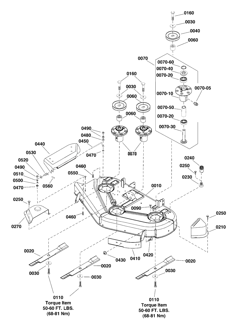 44-Inch (112cm) Mower Deck - Housing, Arbors And Blades Group Diagram and Parts List for 2691502-01  Simplicity Lawn Tractor