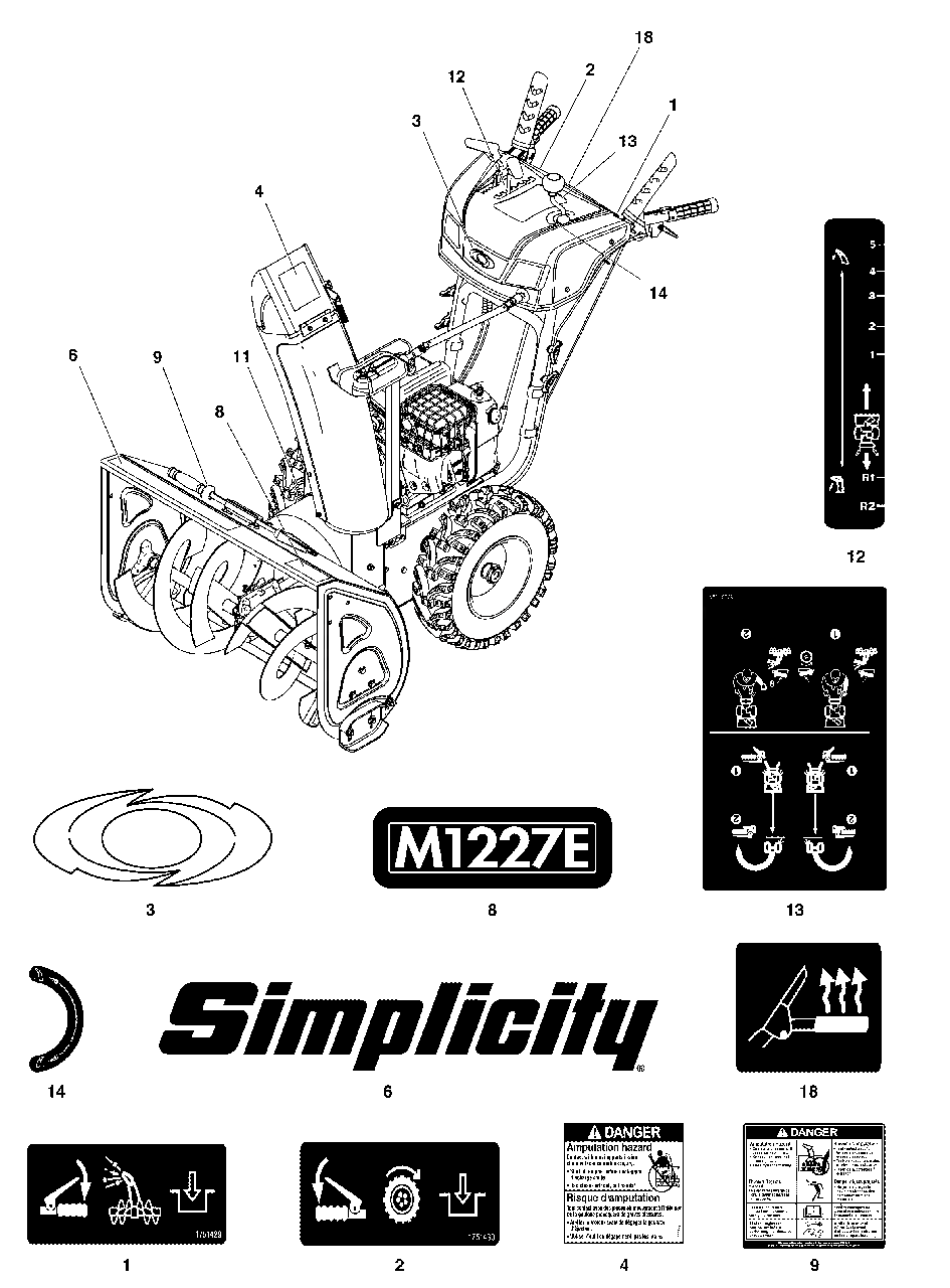 Decals Group Diagram and Parts List for M1227E 1696819-02 Simplicity Snow Blower