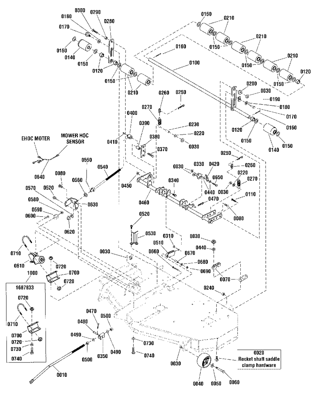 52-Inch (132cm) Mower Deck - Height Adjust And Roller Group Diagram and Parts List for 2691339-02  Simplicity Lawn Tractor