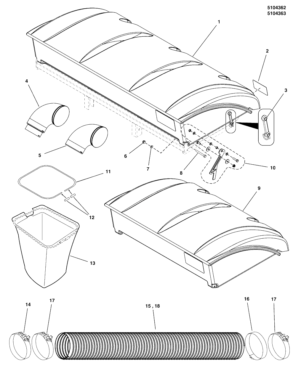 2-Bag And 3-Bag Catcher And Cover Group - Hard Top System Diagram and Parts List for 5600778  Simplicity Lawn Tractor Accessories