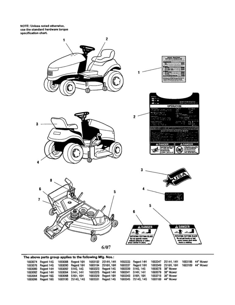 Decals-Safety And Common Diagram and Parts List for 1693169  Simplicity Lawn Tractor Accessories