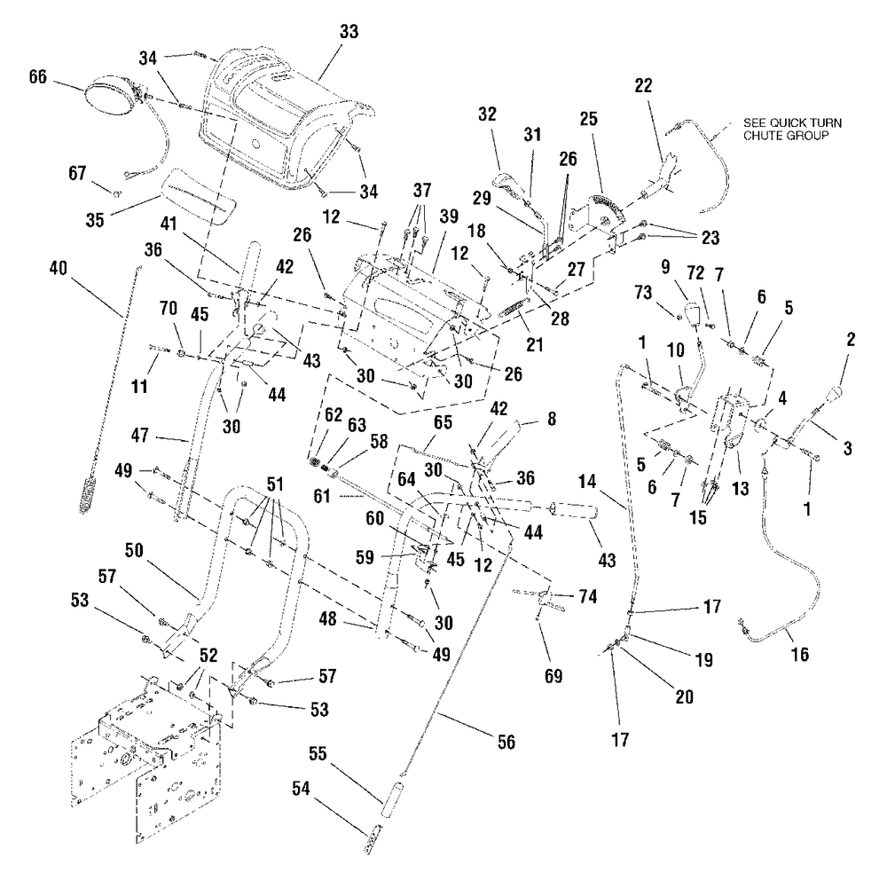 Handles And Controls Group Diagram and Parts List for L1226E 1695326 Simplicity Snow Blower