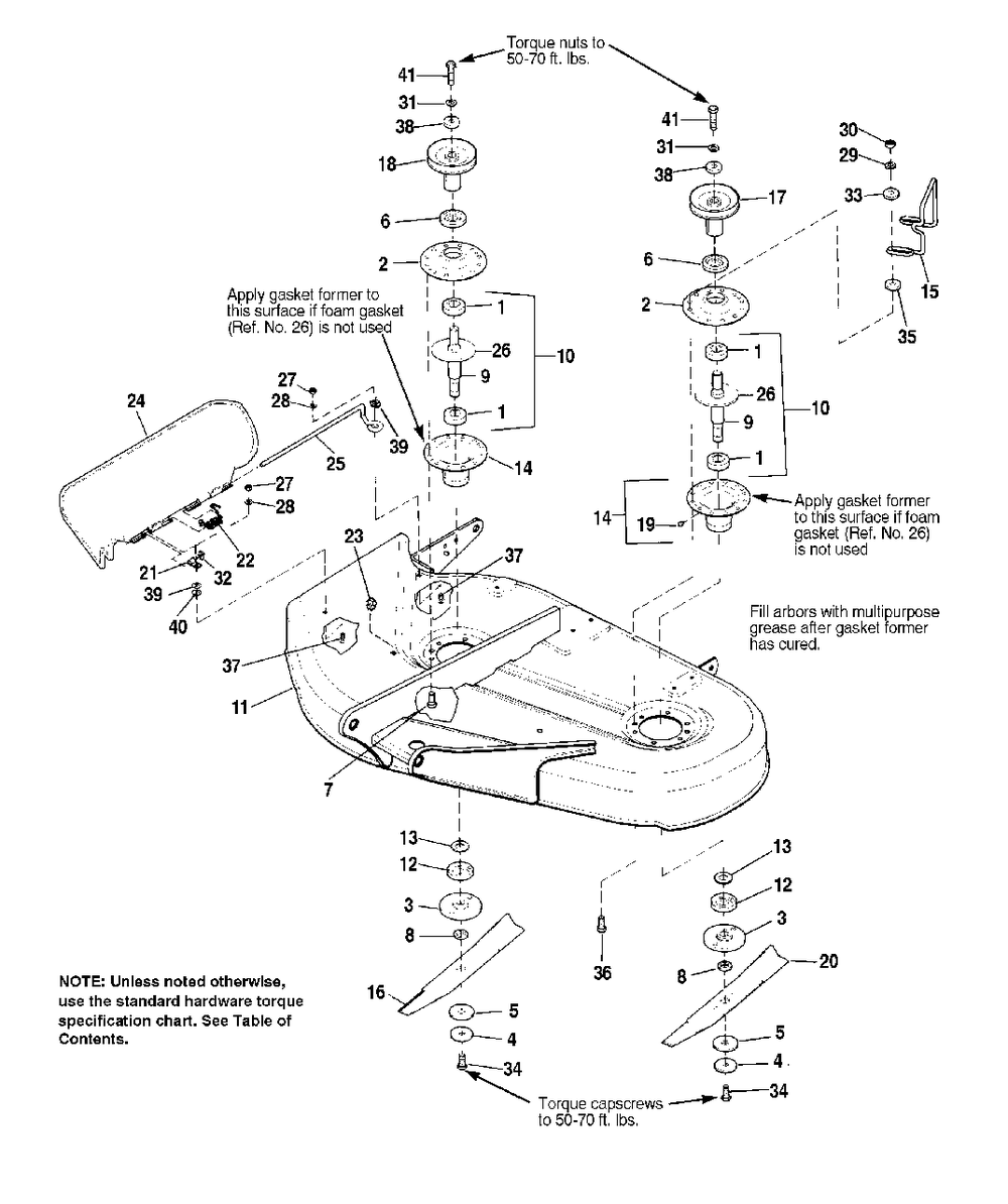 38-Inch Mower Deck - Housing, Arbors And Blades Diagram and Parts List for 1691704  Simplicity Lawn Tractor Accessories