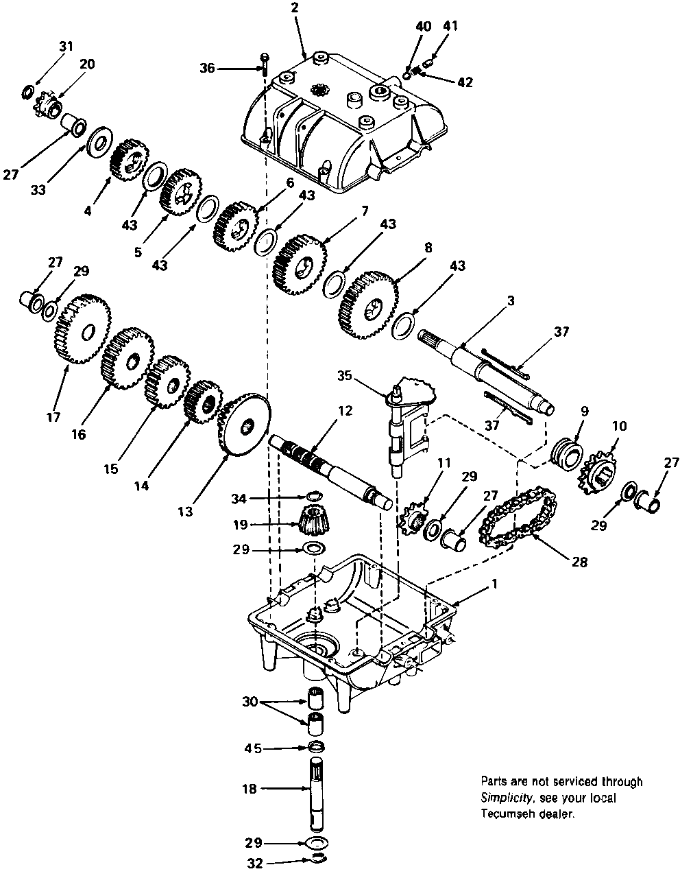 Tecumseh Model 740 Transmission Diagram and Parts List for 3110 1690566 Simplicity Lawn Tractor