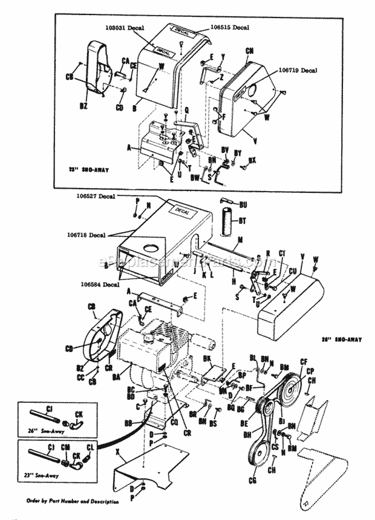 Shield Drive Pulleys Engine-23 Sno-Away Diagram and Parts List for 990426  Simplicity Snow Blower