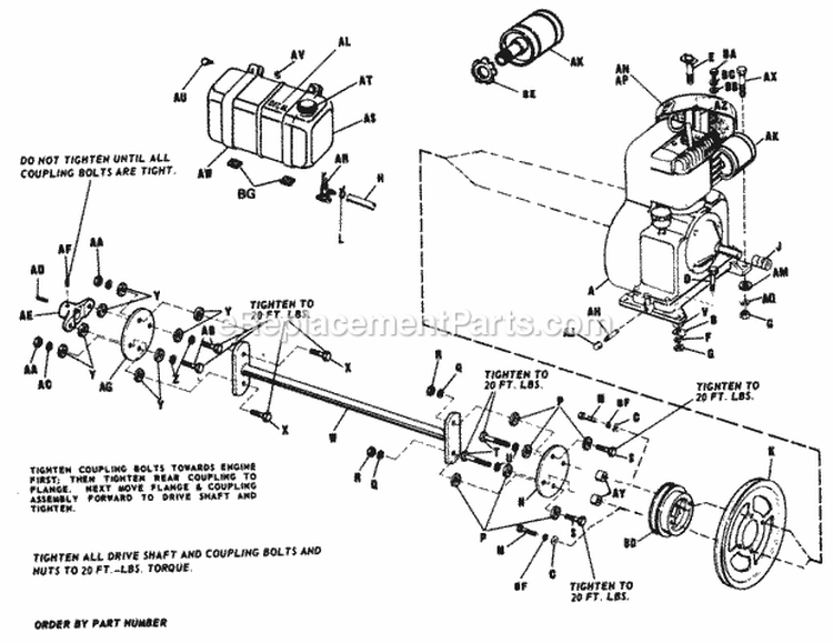 Engine And Drive Shaft Diagram and Parts List for 2029932  Simplicity Lawn Tractor