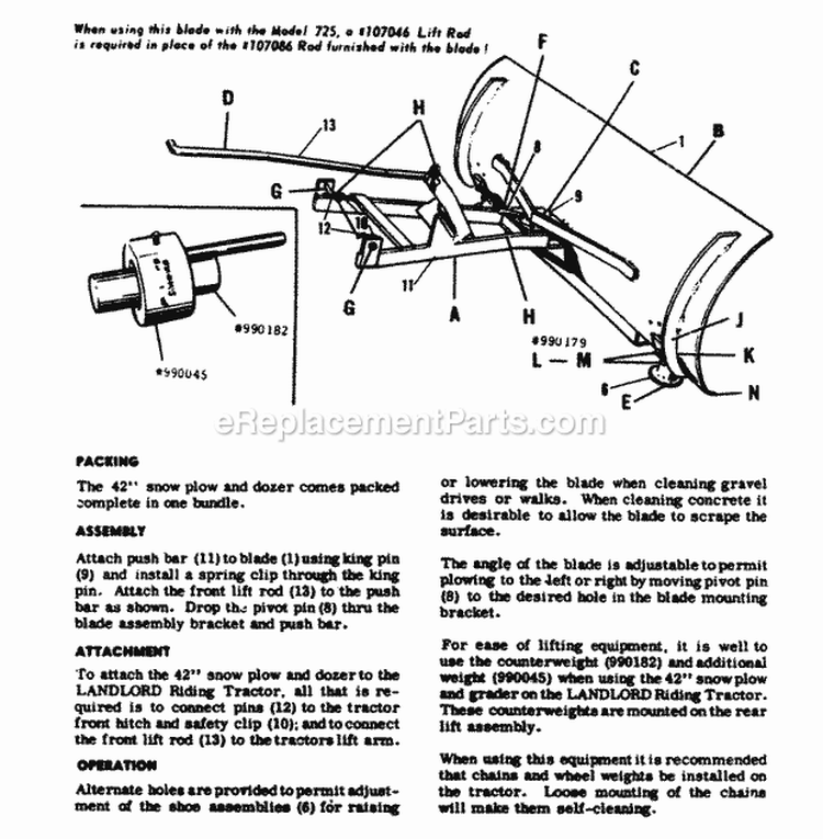42 Snow Plow  Dozer Diagram and Parts List for 2029950  Simplicity Lawn Tractor