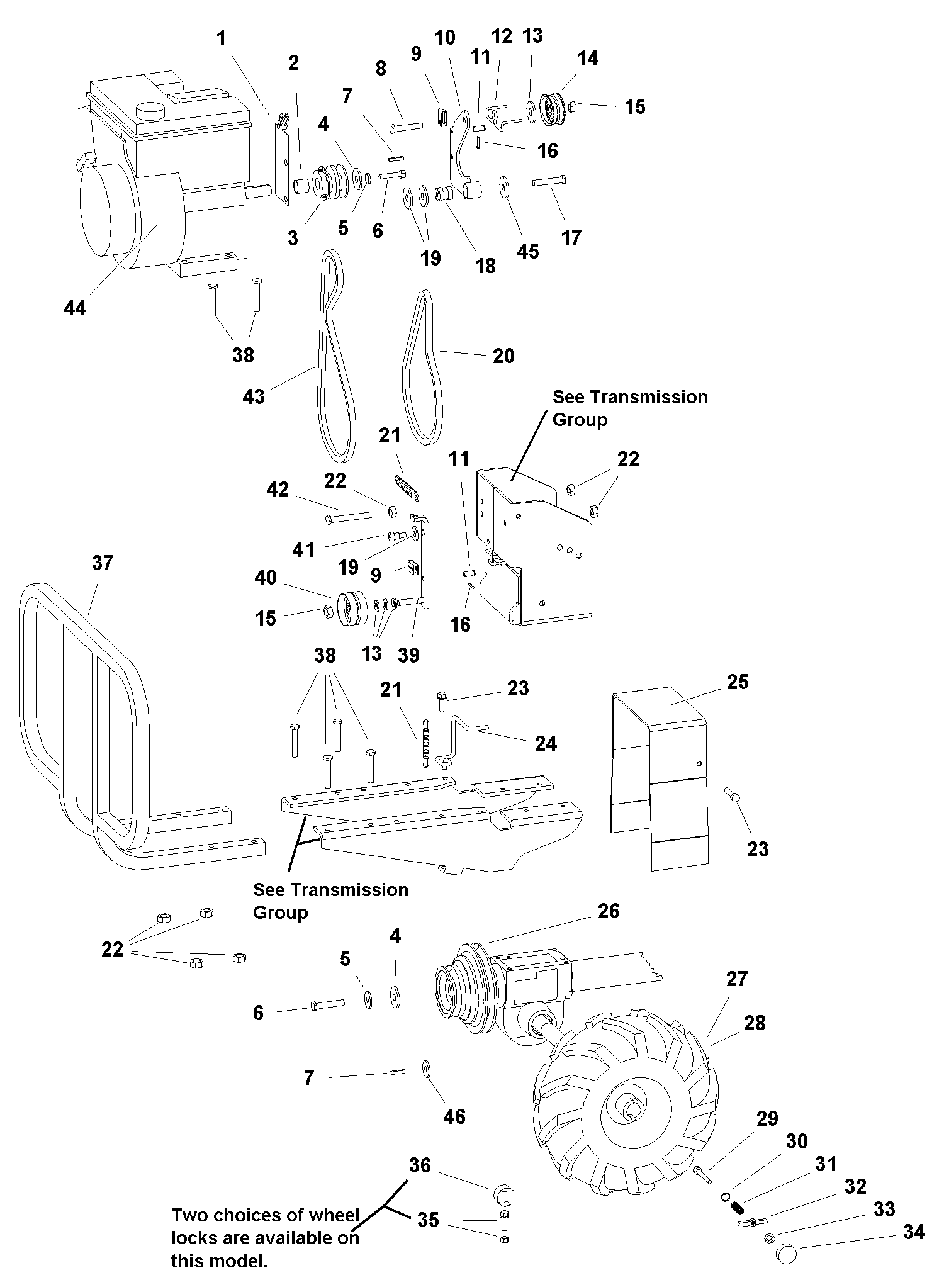 Engine, Belts And Wheels Group Diagram and Parts List for 7016RT 1694162 Simplicity Tiller