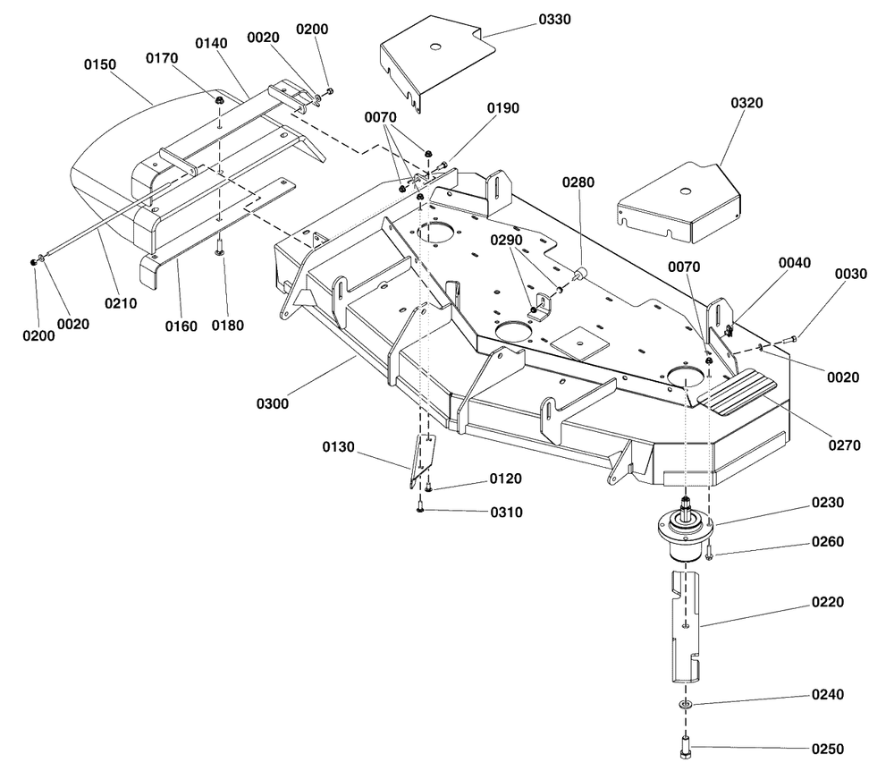 52-Inch Mower Deck Group - Housing, Covers, Spindles And Blades Diagram and Parts List for 5901743  Simplicity Lawn Tractor