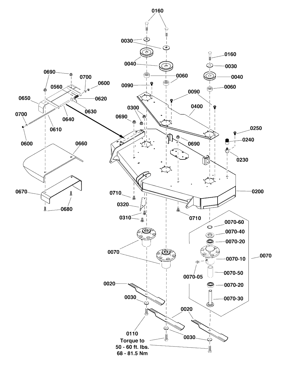 52-Inch Mower Deck - Housing, Arbors And Blade Group Diagram and Parts List for SZT350 2691696-01 Simplicity Lawn Tractor