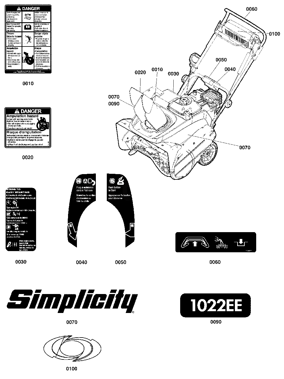 Decals Group Diagram and Parts List for 1022EE 1696854-00 Simplicity Snow Blower
