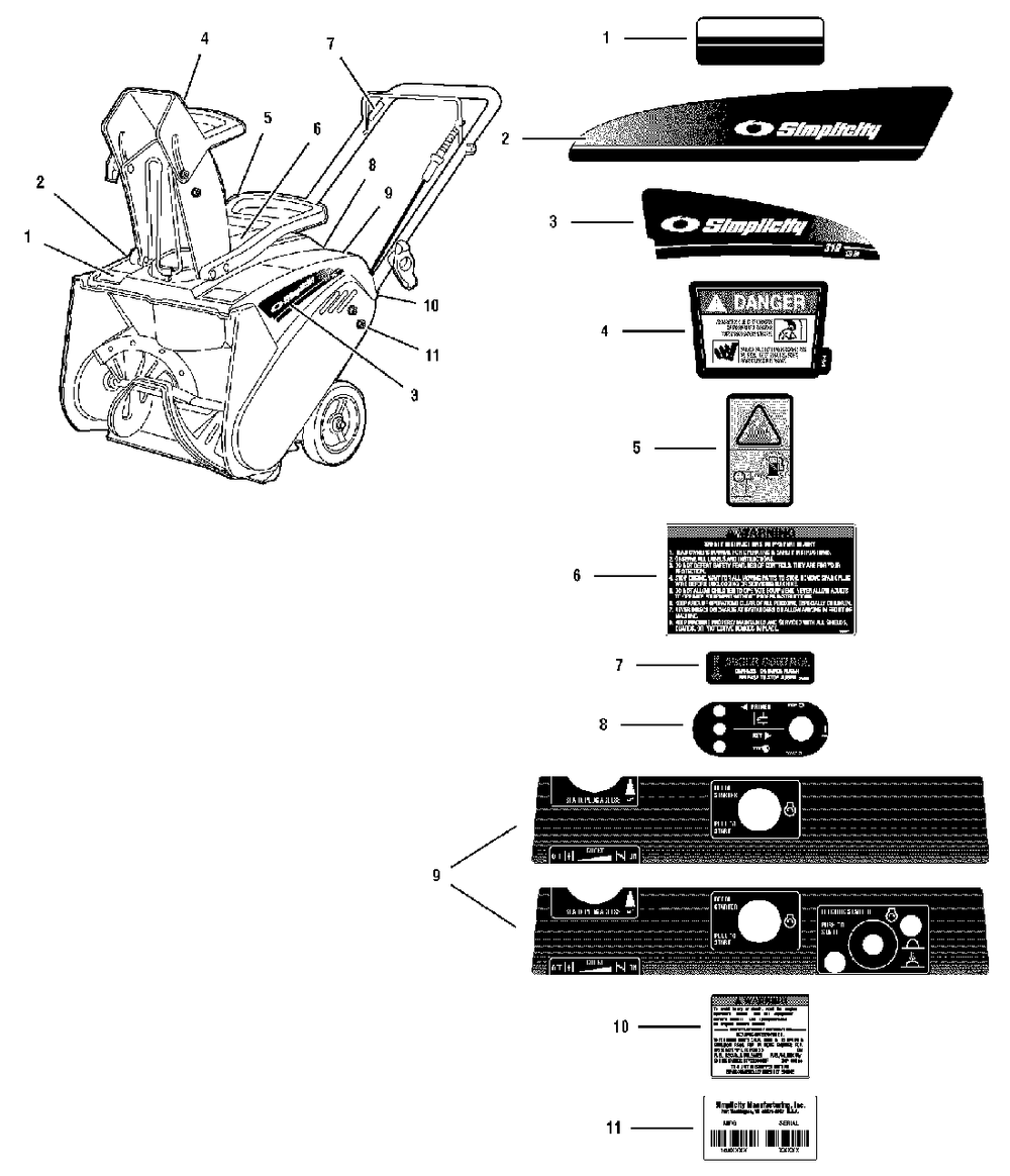 Decals Group (02605) Diagram and Parts List for 319E 1694383 Simplicity Snow Blower