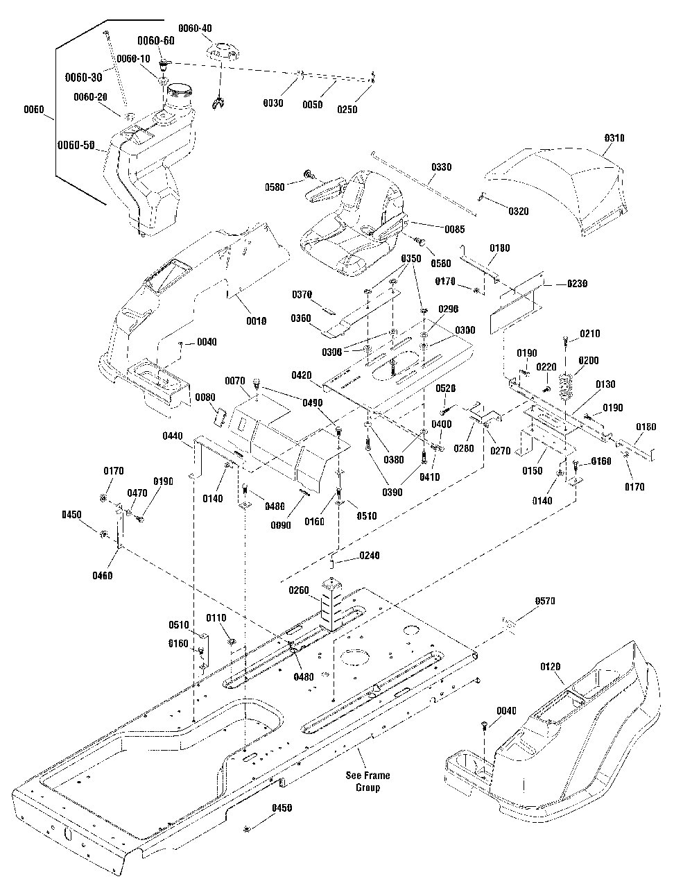 Seat, Body And Fuel Tank Group Diagram and Parts List for ZT2752 2691040-01 Simplicity Lawn Tractor
