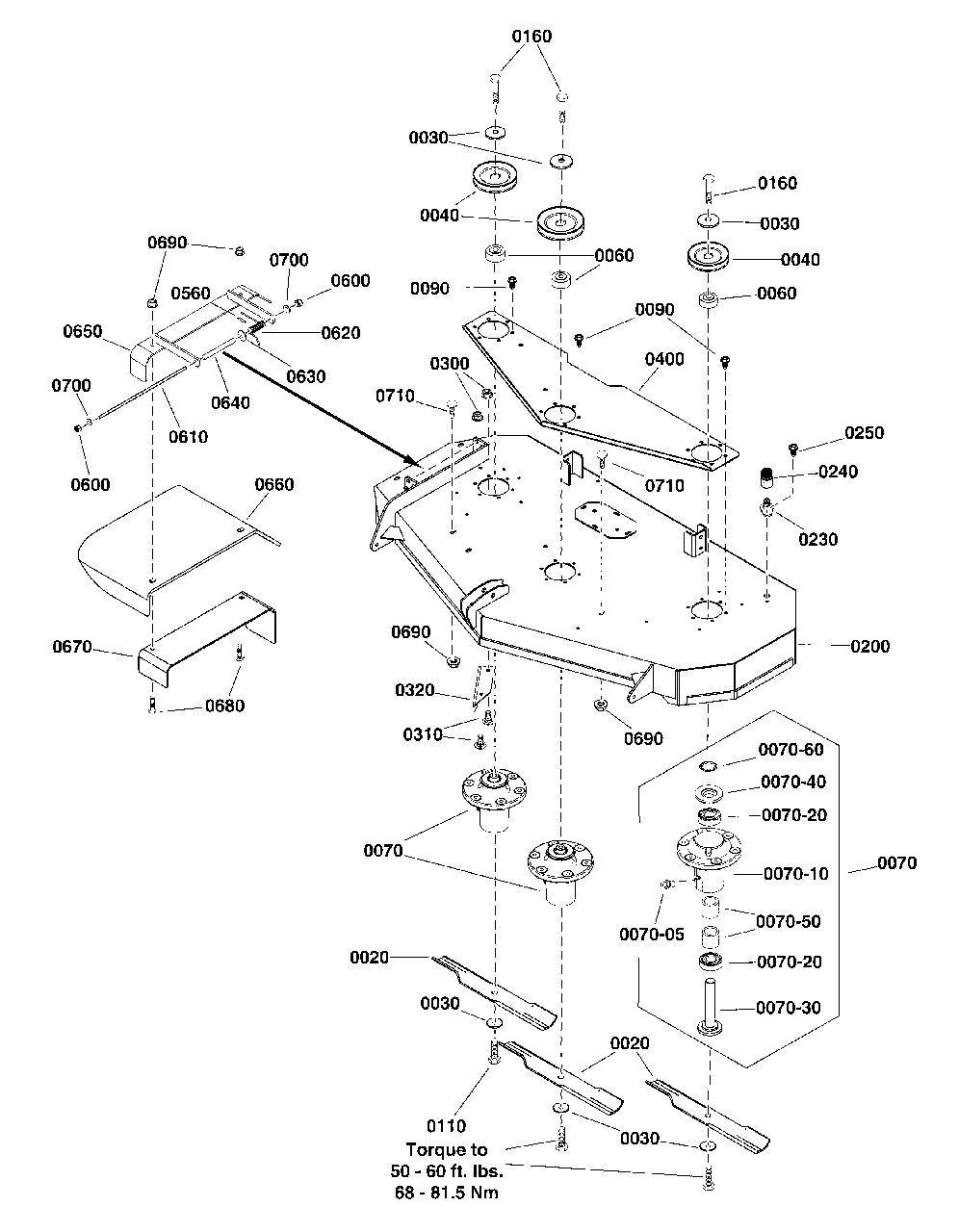 52-Inch Mower Deck - Housing, Arbors And Blade Group Diagram and Parts List for SZT350 2691411-02 Simplicity Lawn Tractor