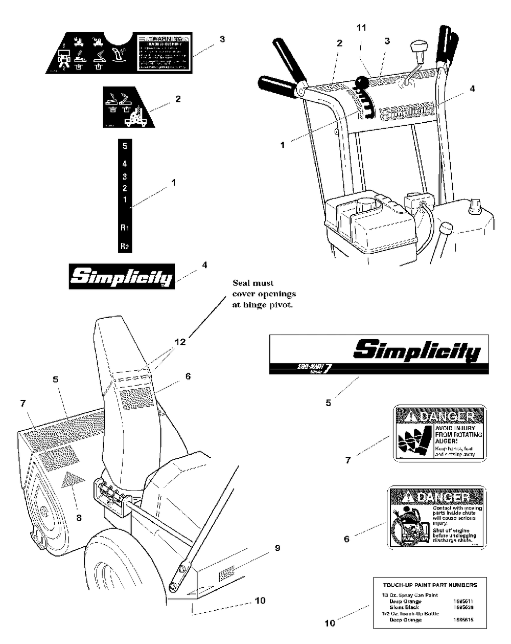 Decals Group Diagram and Parts List for 555M 1693980 Simplicity Snow Blower