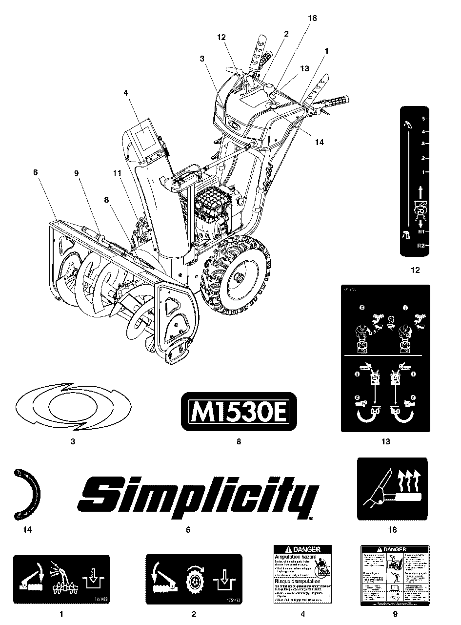 Decals Group Diagram and Parts List for M1530E 1696832-00 Simplicity Snow Blower