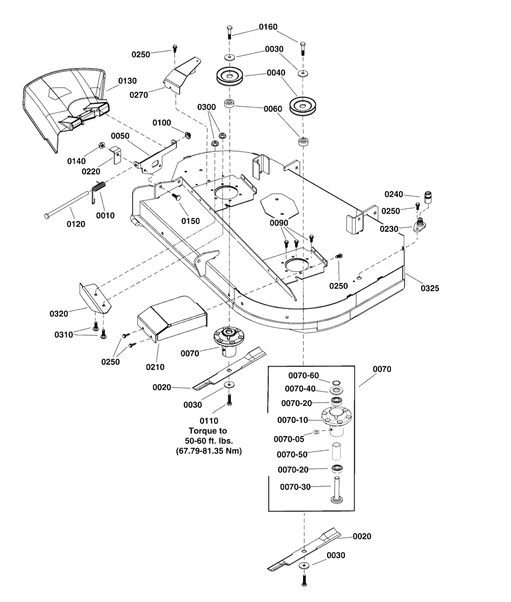 42-Inch (107cm) Mower Deck - Housing, Arbor And Blade Group Diagram and Parts List for 2691658-00  Simplicity Lawn Tractor