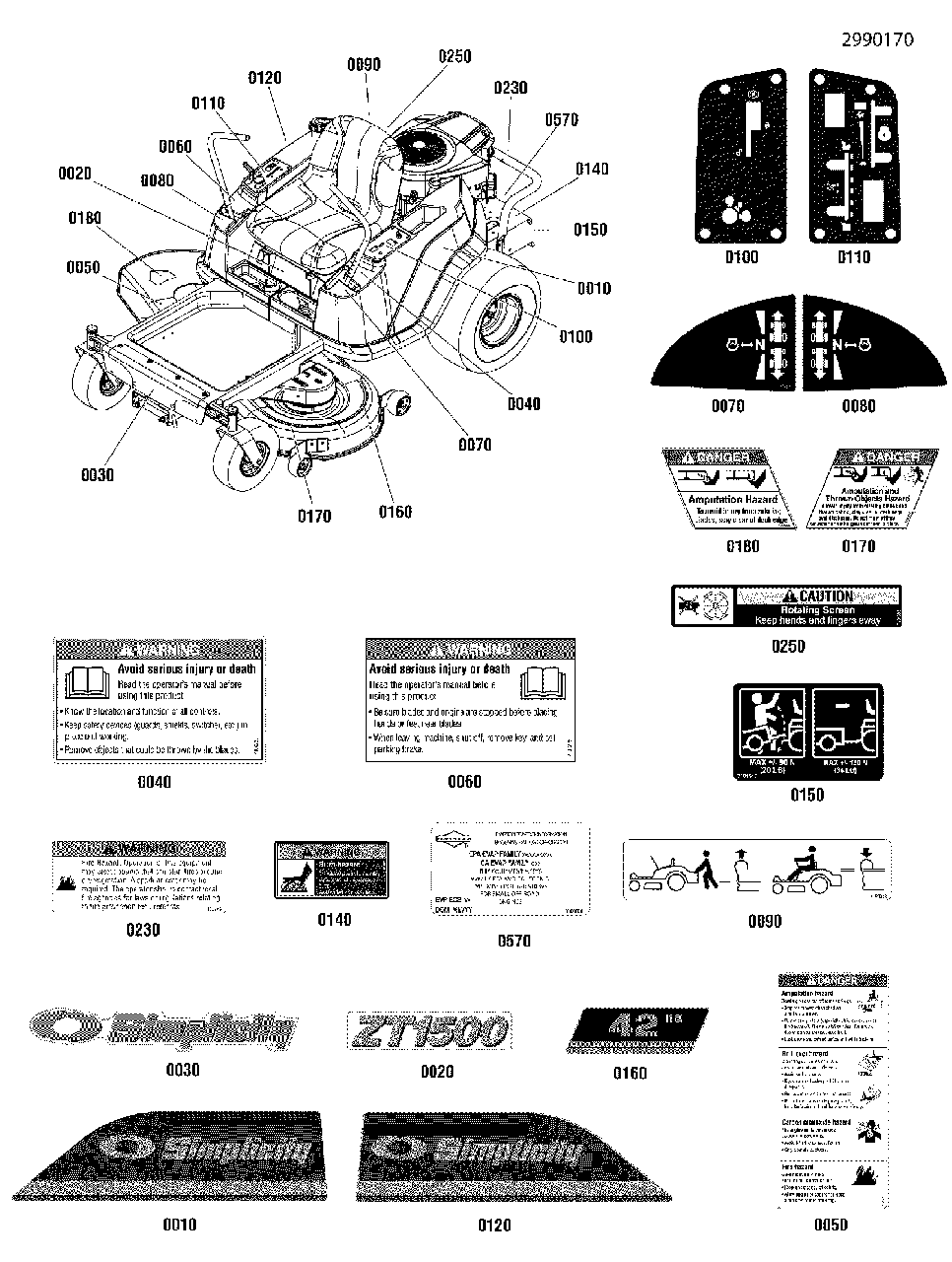 Decal Group Diagram and Parts List for ZT2042 2691138-00 Simplicity Lawn Tractor