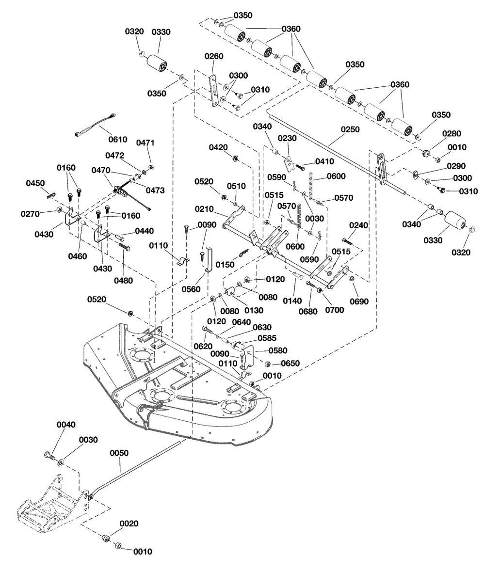 44-Inch (112cm) Mower Deck - Height Adjust And Roller Group Diagram and Parts List for 1696445-02  Simplicity Lawn Tractor Accessories