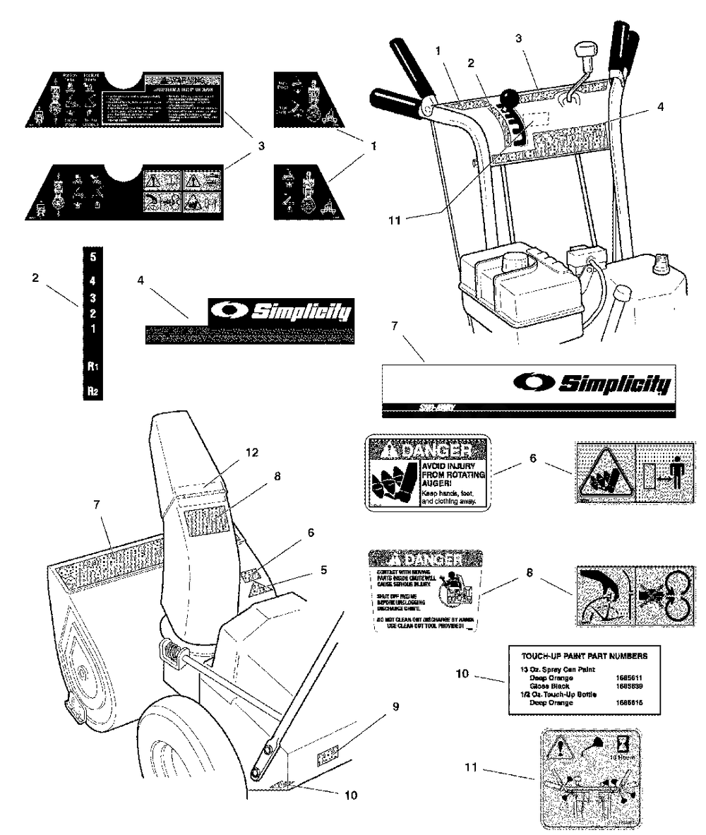 Decals Group (070dcl) Diagram and Parts List for 860E 1694588 Simplicity Snow Blower