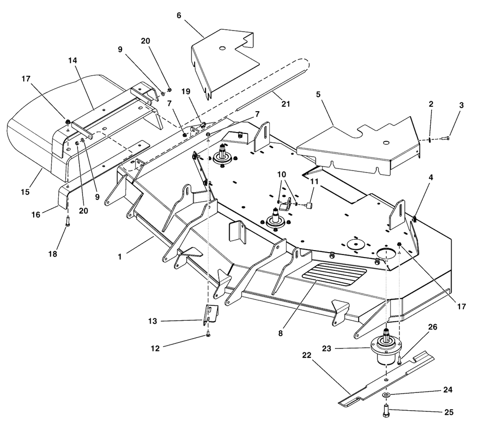 61-Inch Mower Deck - Housing, Covers, Spindles And Blades Diagram and Parts List for 5901744  Simplicity Lawn Tractor