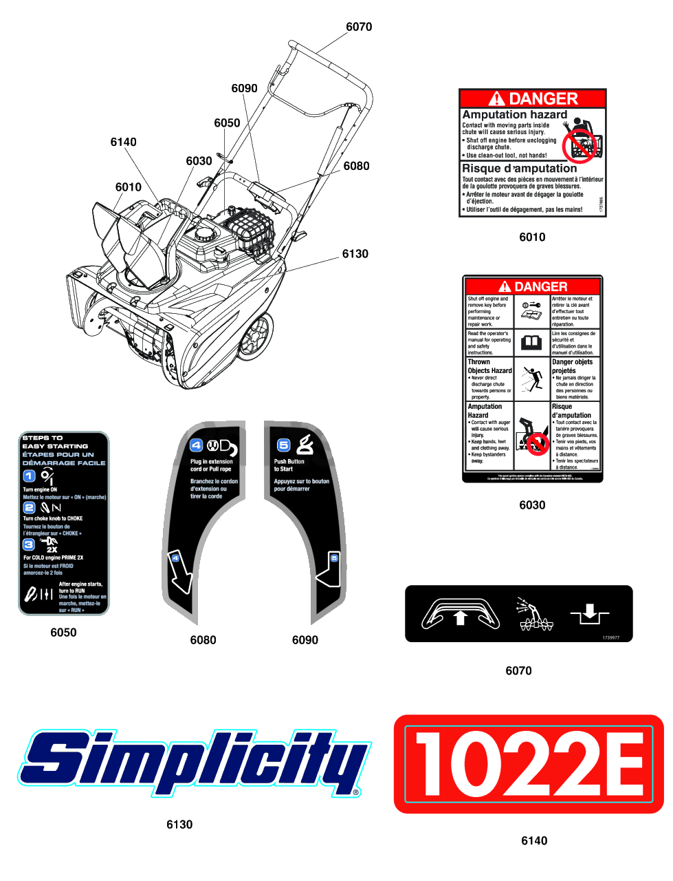 Decals Group Diagram and Parts List for 1022E 1697142-01 Simplicity Snow Blower